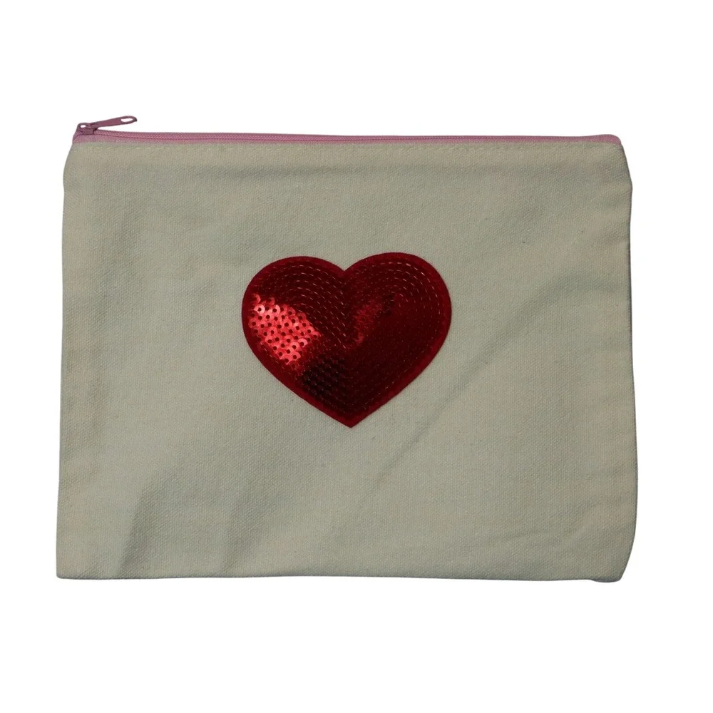 Red Sequin Pink Zipper‎ Canvas Pouch Handmade Makeup Bag